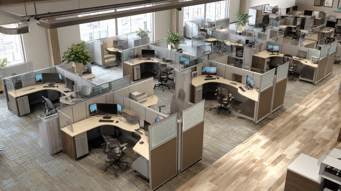 Rows of modern, gray office cubicles with glass dividers