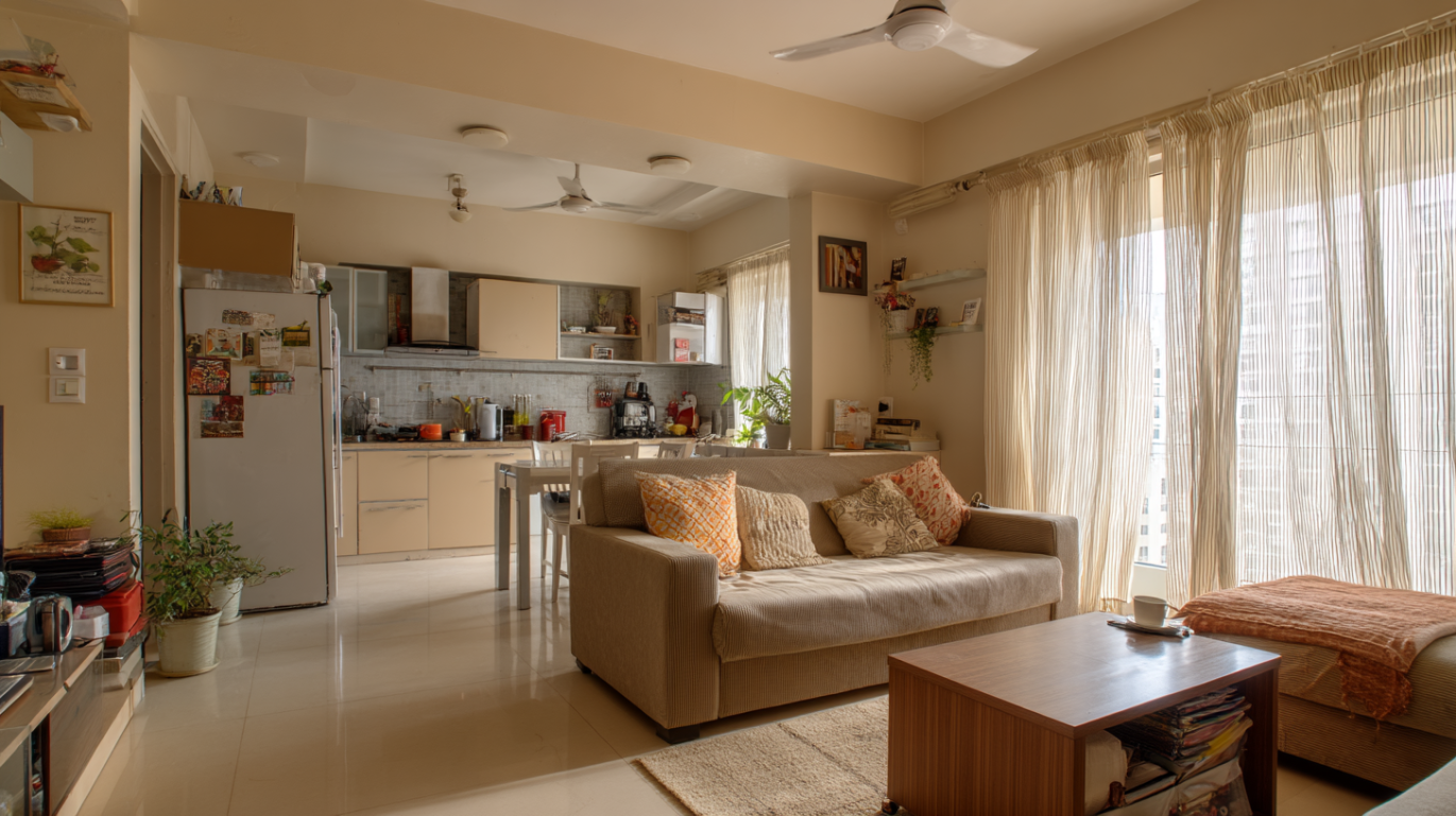 Fabric curtain divider for open kitchen space
