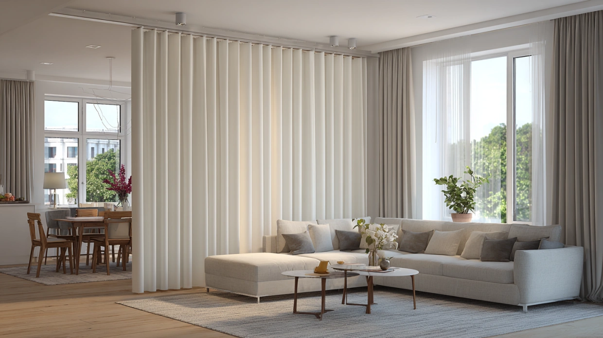 Curtain partition dividing living and dining space