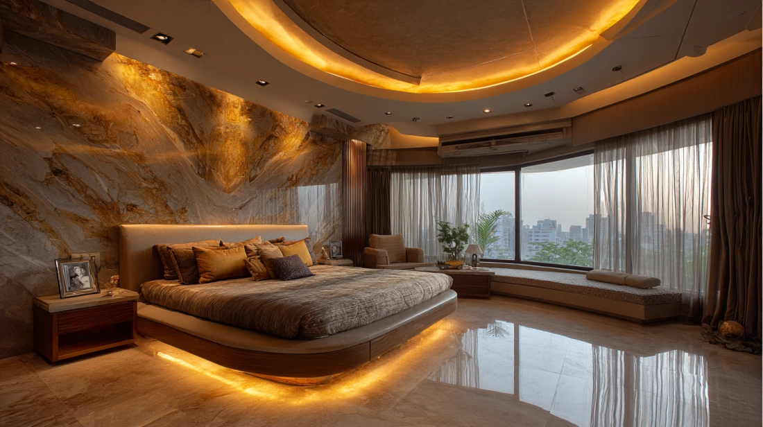 Curved false ceiling with continuous cove lighting
