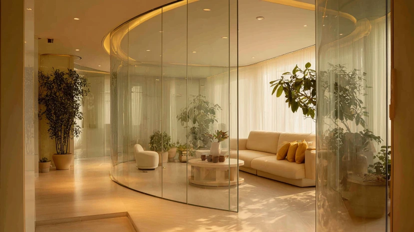 curved elegance glass wall design for living room with smooth lines