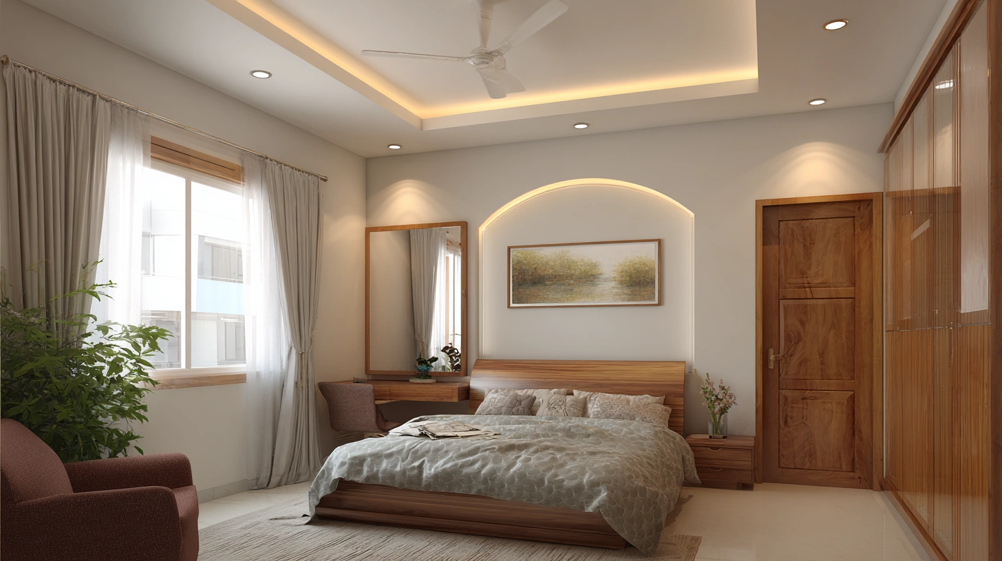 Modern bedroom layout featuring smooth curved gypsum panels