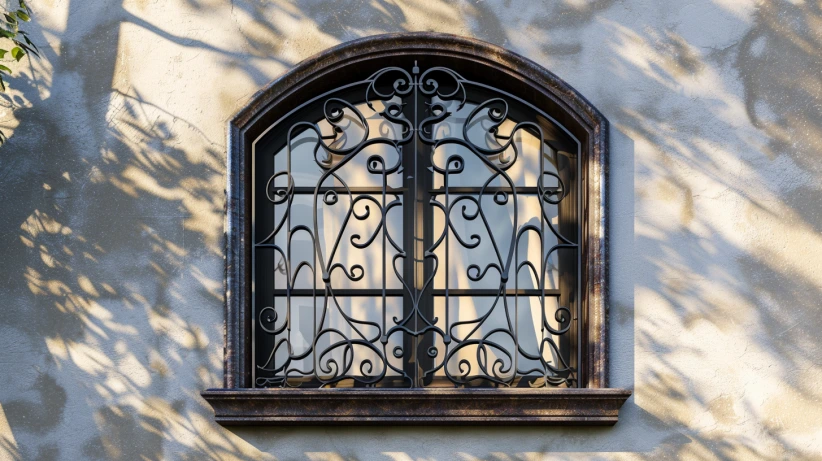 curved iron pattern featured in an elegant window grill design