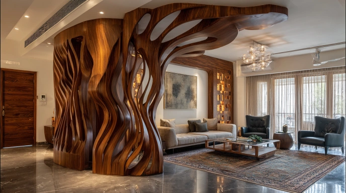 Curved plywood partition with laminate finish