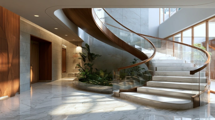 Curved marble staircase in a luxury Indian home