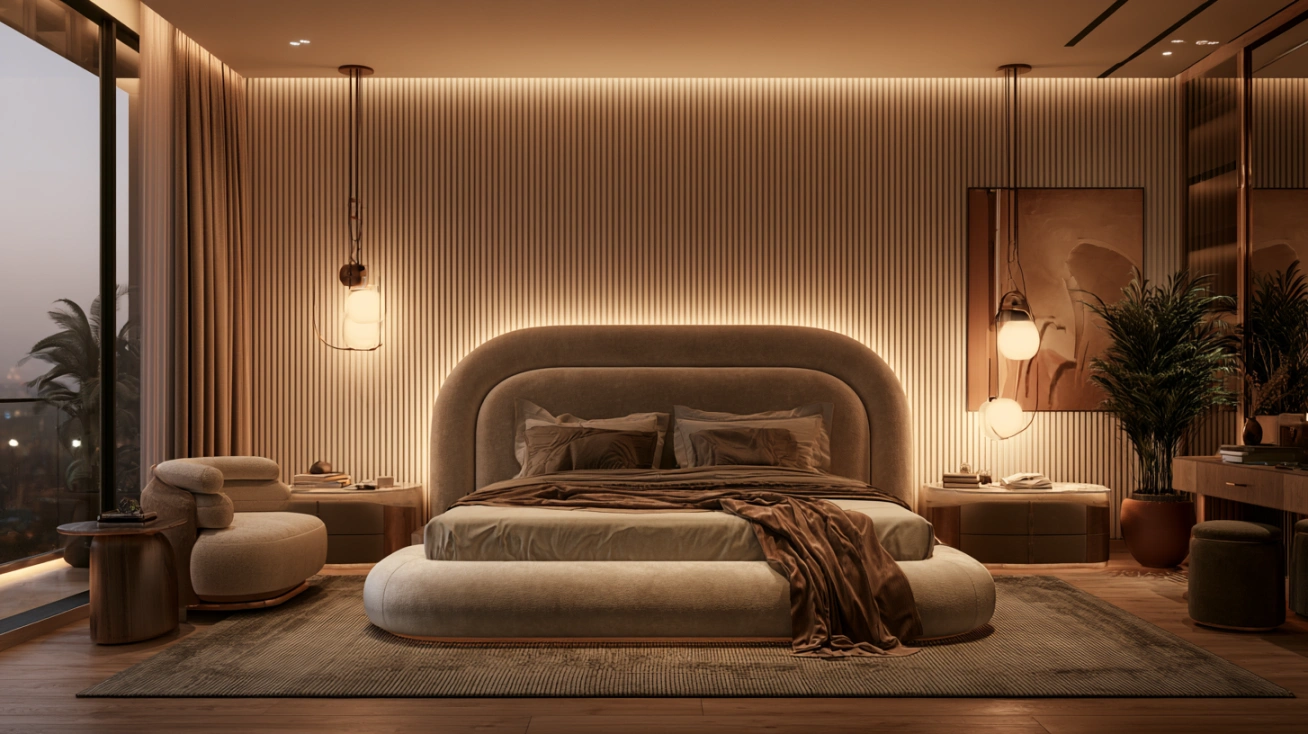 Curved upholstered bed headboard