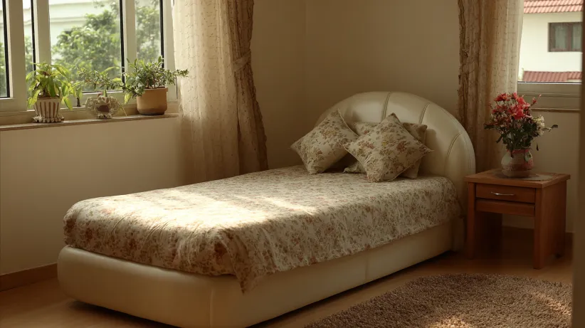 Curved cream upholstered headboard for a single bed by a window