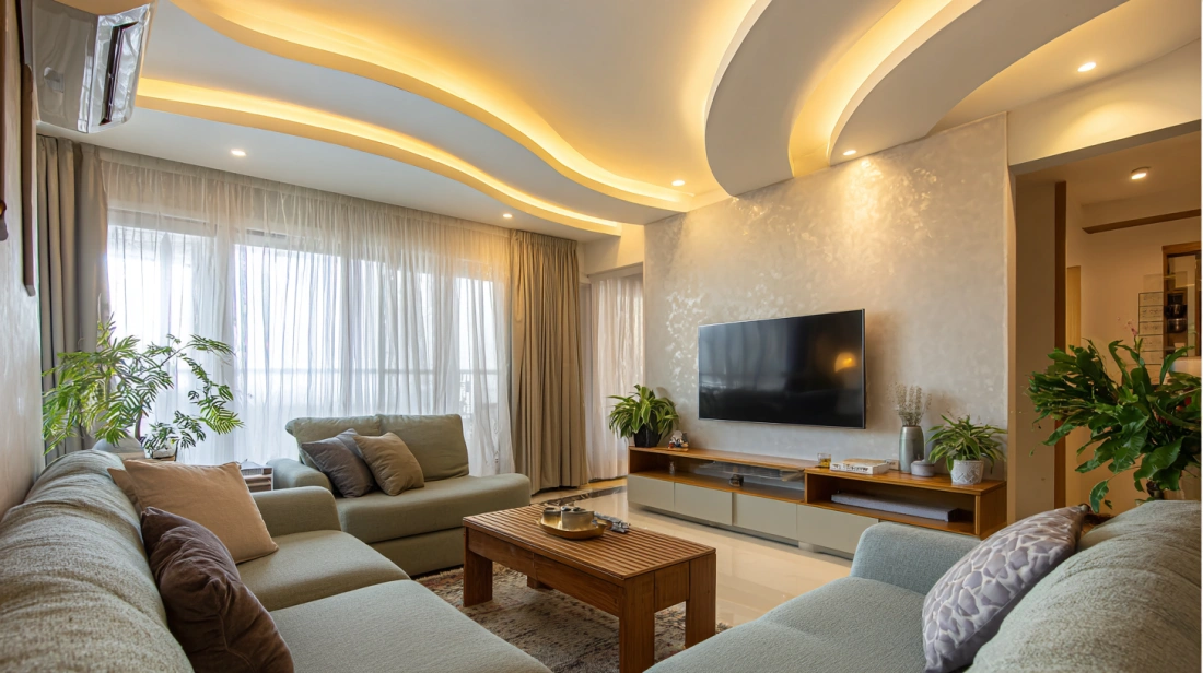 Luxury living room featuring an artistic curved wave ceiling