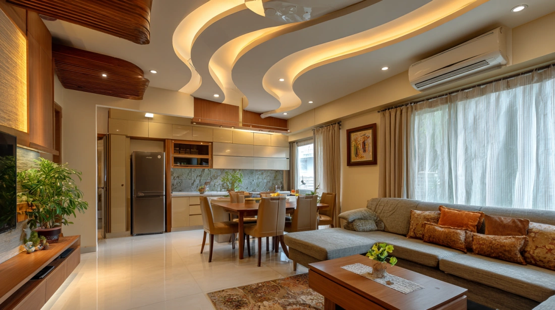 Living room featuring a curved wave plaster ceiling