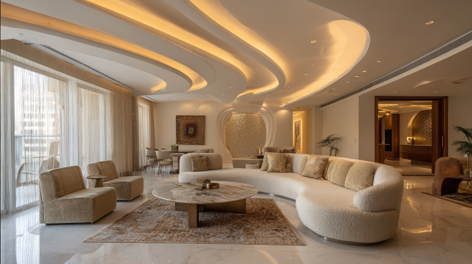Curved gypsum ceiling in luxury lounge