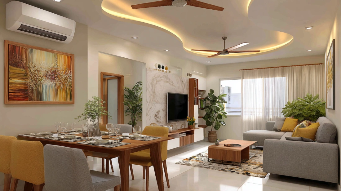 Fluid wavy false ceiling spanning open living space