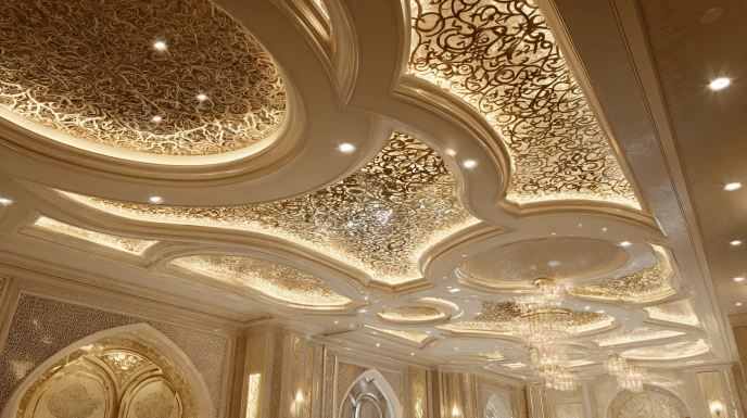 Complex gypsum ceiling with curved custom design
