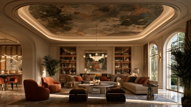 Dramatic skyline wallpaper for modern urban ceiling design.