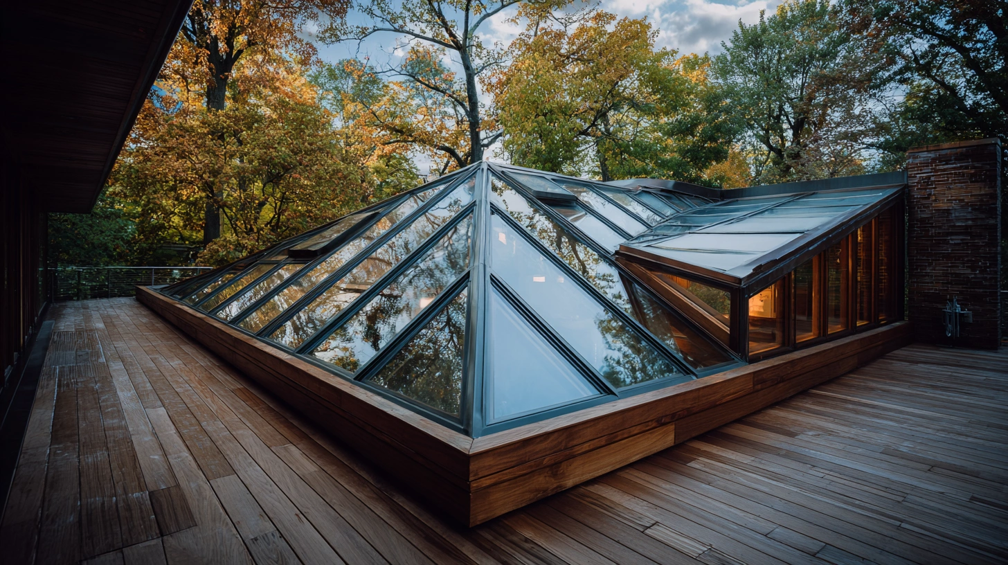 Pyramid-shaped multi-paned glass skylight on a wooden roof deck