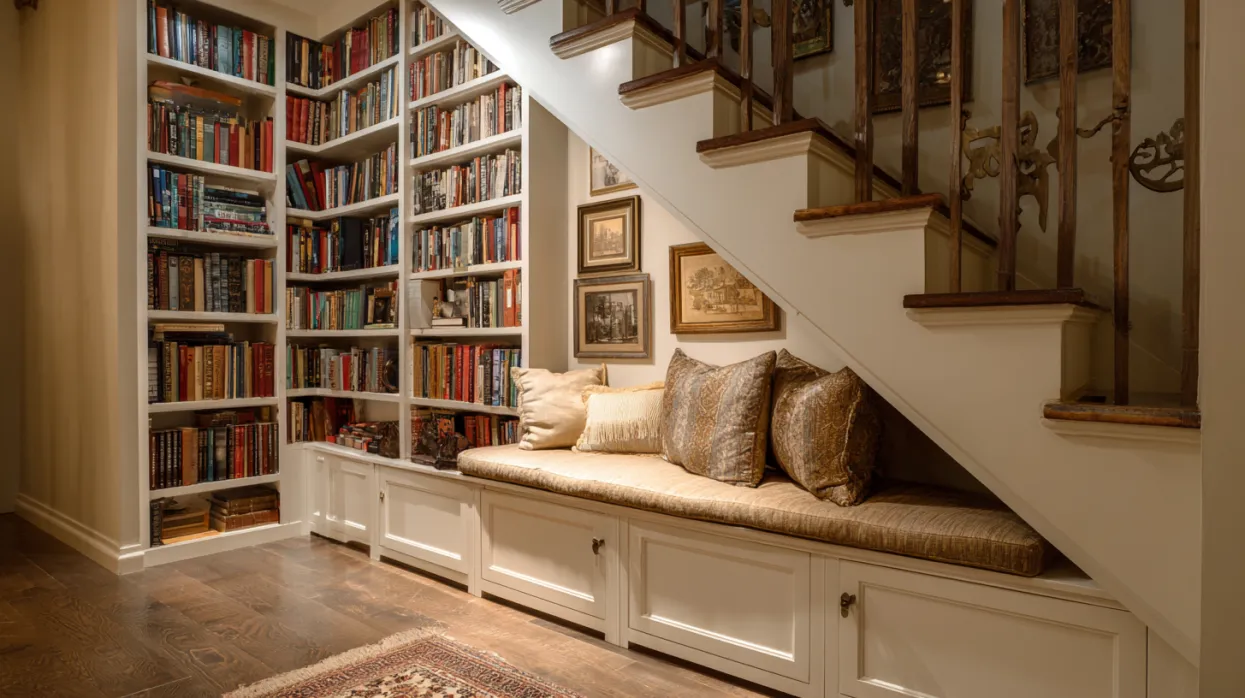 DIY under staircase storage in compact home library design