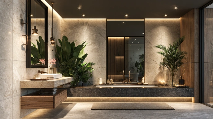 Dark bathroom ceiling with light wall tiles