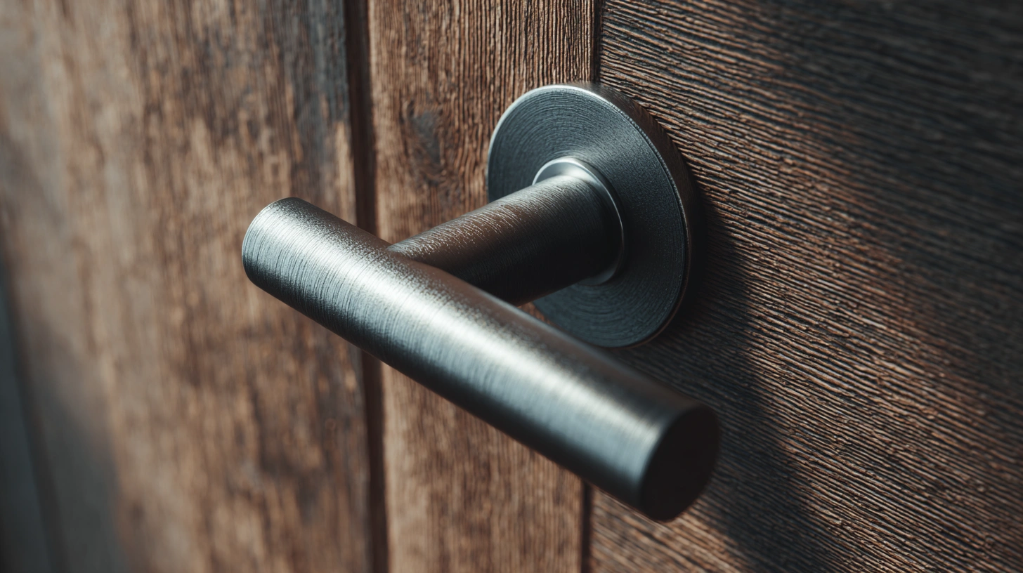 Dark silver matte handle on wood door