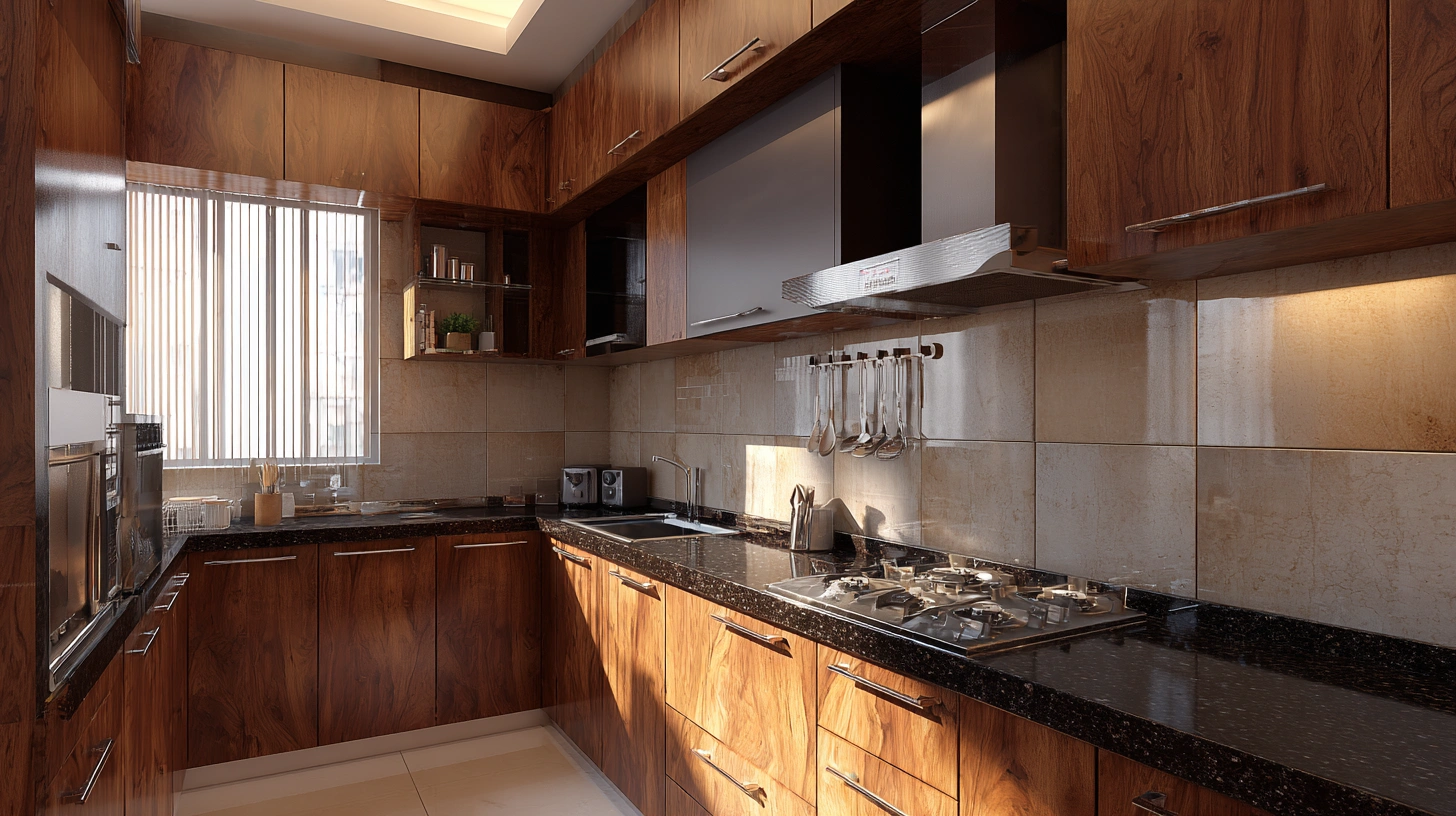 Dark wood kitchen shutters in compact Indian modular kitchen layout