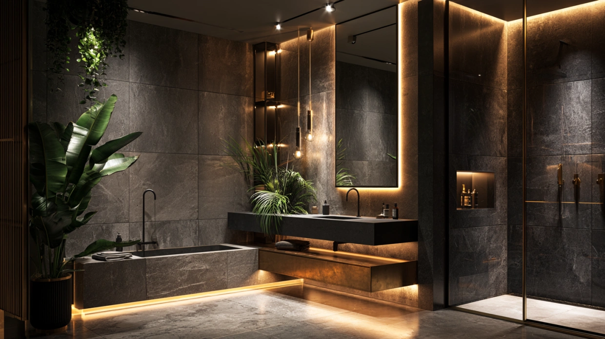 Dark contemporary bathroom with black fixtures