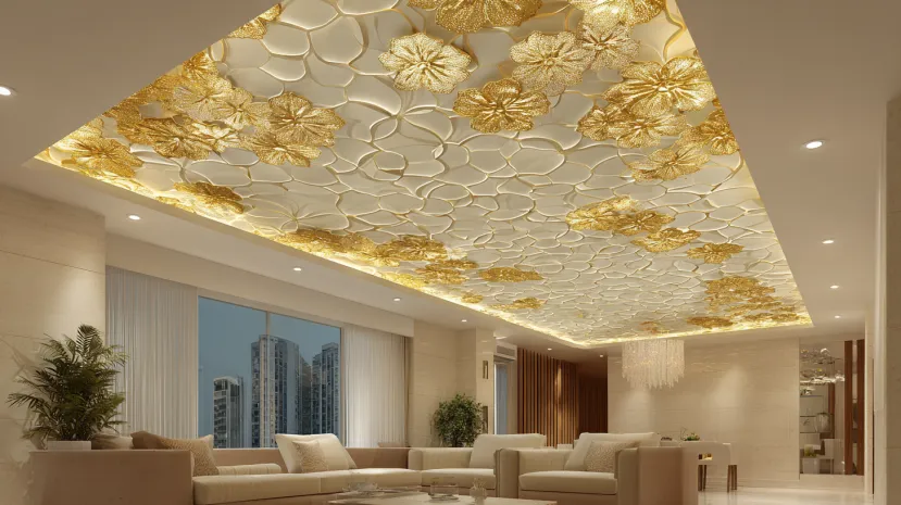 Golden floral pattern POP ceiling with recessed cove lighting