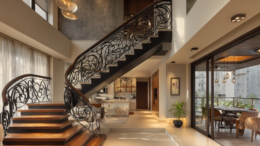 curved iron detailing featured in decorative stair railing design