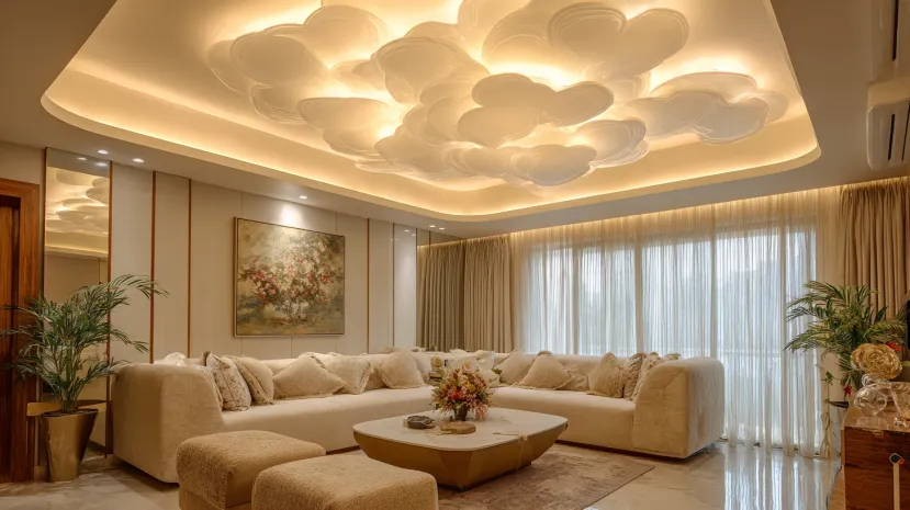 Cloud-like floral POP ceiling design with soft LED backlight