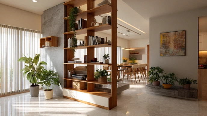 Open shelf partition with decor between spaces