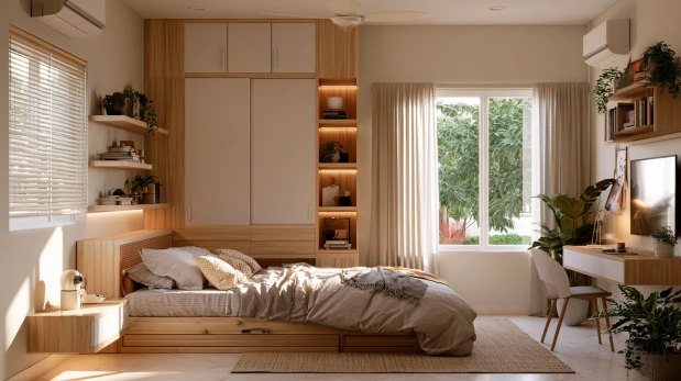 Modern small bedroom with space-saving furniture and smart storage