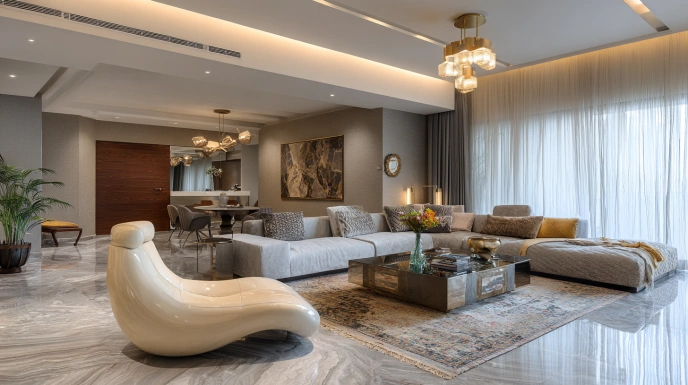 Living room with designer furniture and lighting