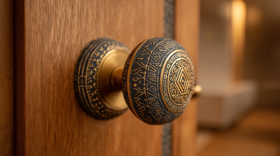 Bold designer handle on plain wood door