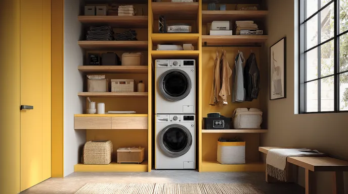 smart laundry room with lg washer dryer and marigold yellow walls