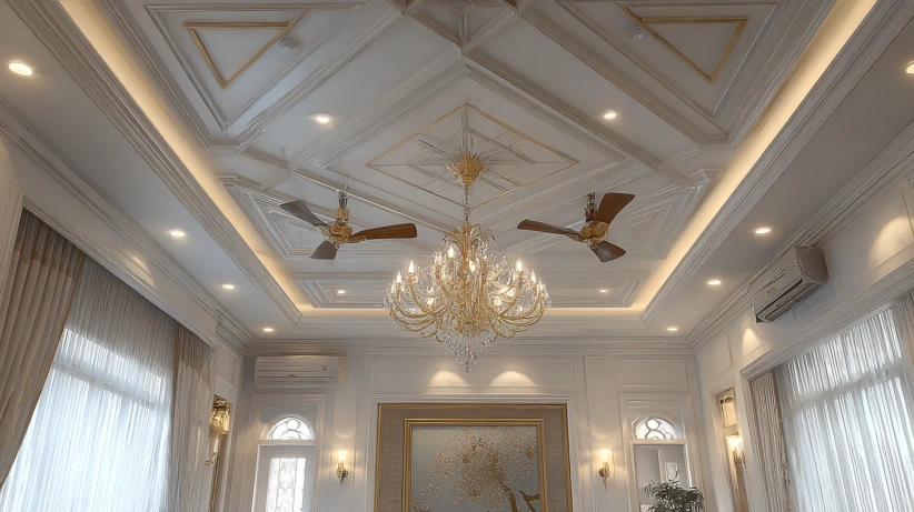 diamond box pop layout featured in a modern two fan ceiling design