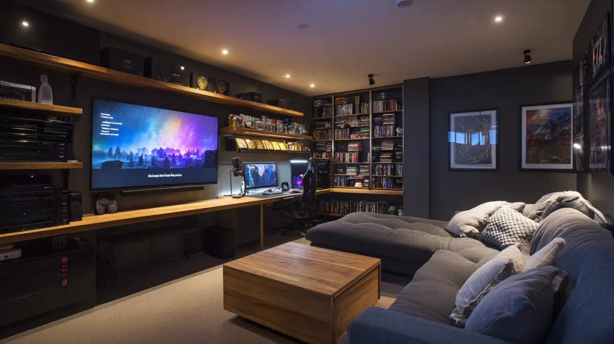 gaming room design with accent lighting and dark furnishings