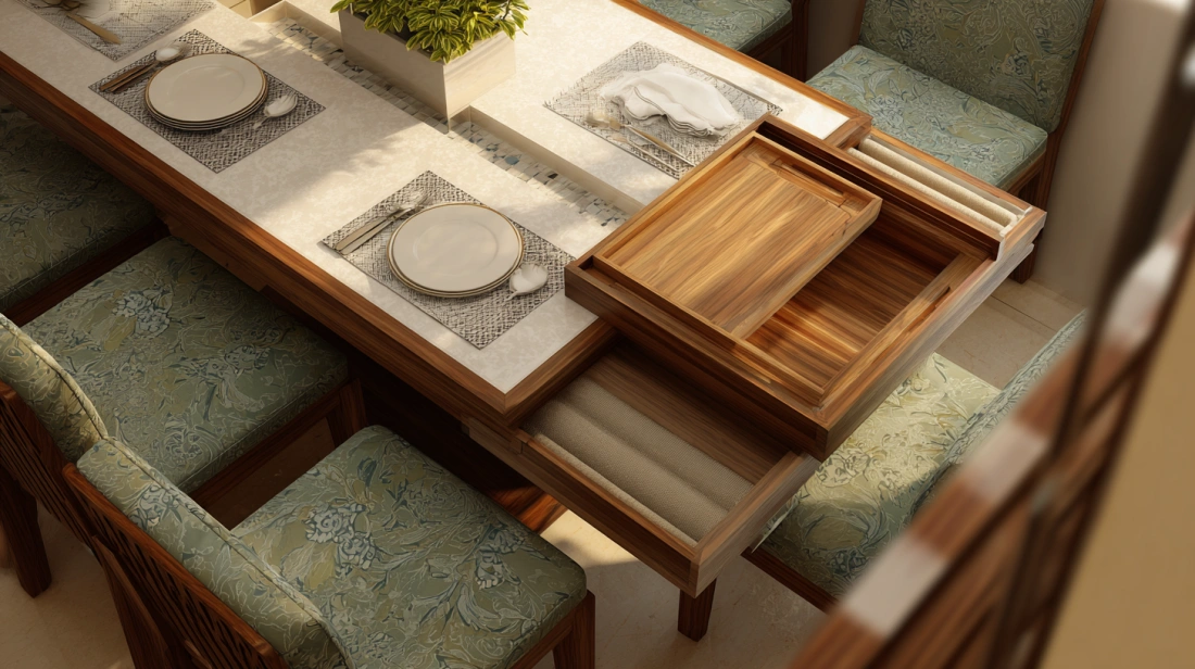 Dining table drawers open showing storage space