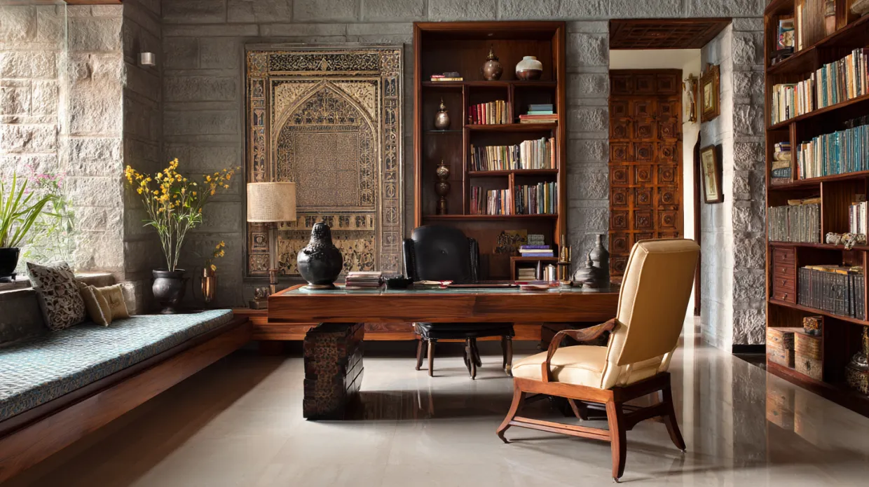 antique pottery and vintage jars displayed in home office