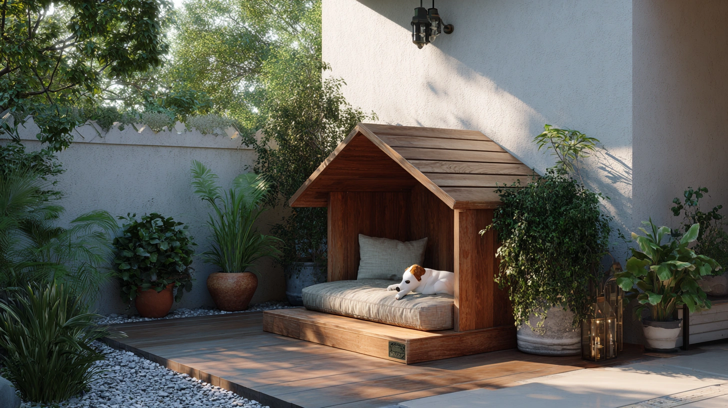 Wooden dog house with small side deck in backyard