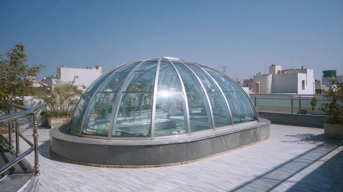 Large circular glass dome skylight on a modern rooftop