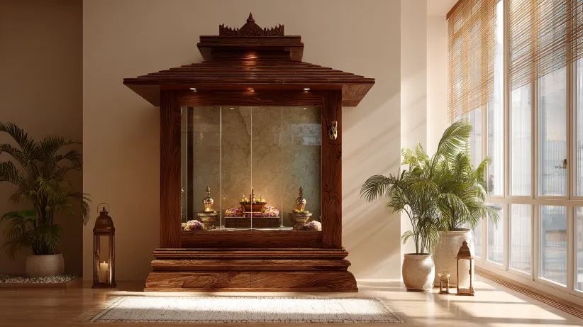 Pyramid style wooden pooja mandir with clear glass folding doors