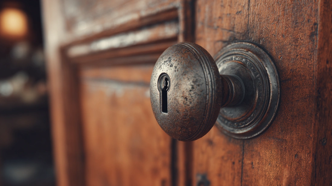 Vintage knob with keyhole on wood door