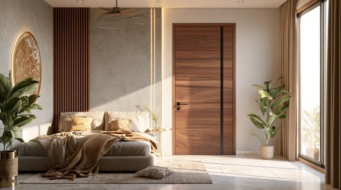Wooden bedroom door with black metal strips