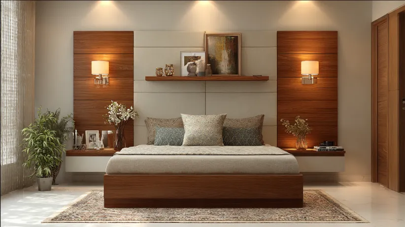 Double bed with wooden panels, twin wall sconces, and floating shelf