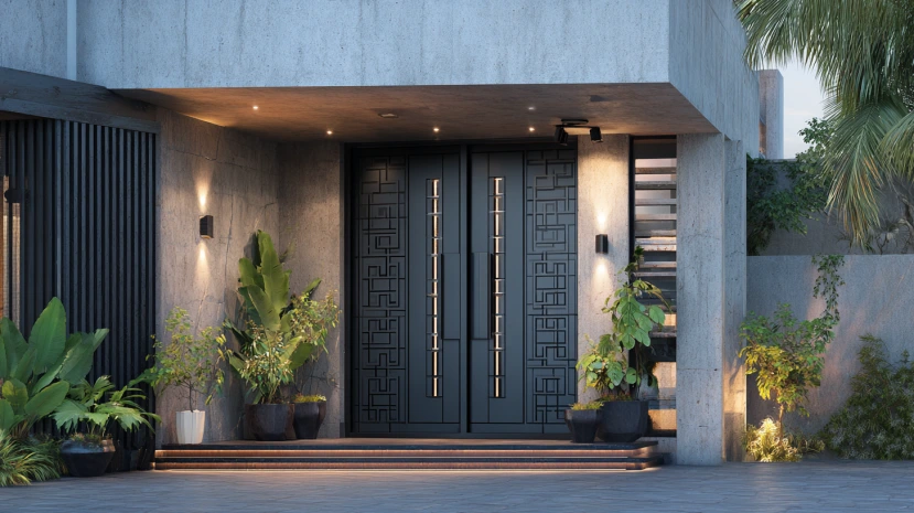 strong steel finish in modern double door designs for the main door