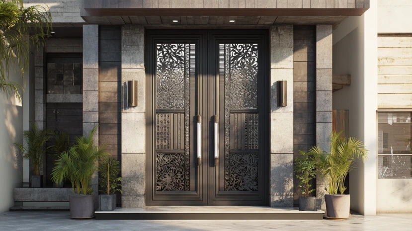 secure grill pattern in double door designs for the main door