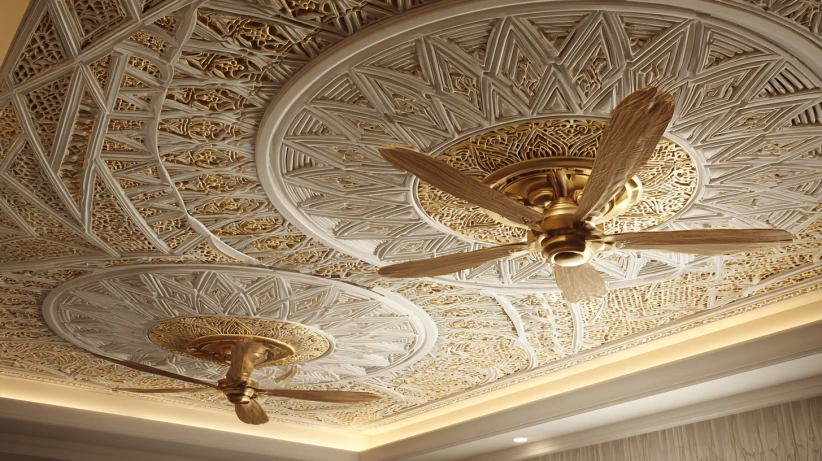 edgy carved pop layout featured in a modern two fan ceiling design