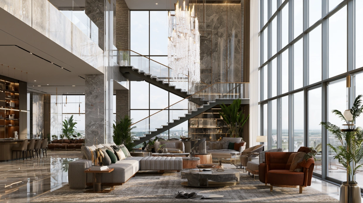 Double-height living room in a modern duplex