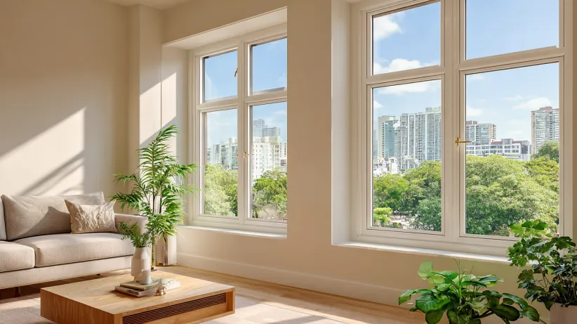 Two large white double-hung windows in a bright living room overlooking a lush cityscape.