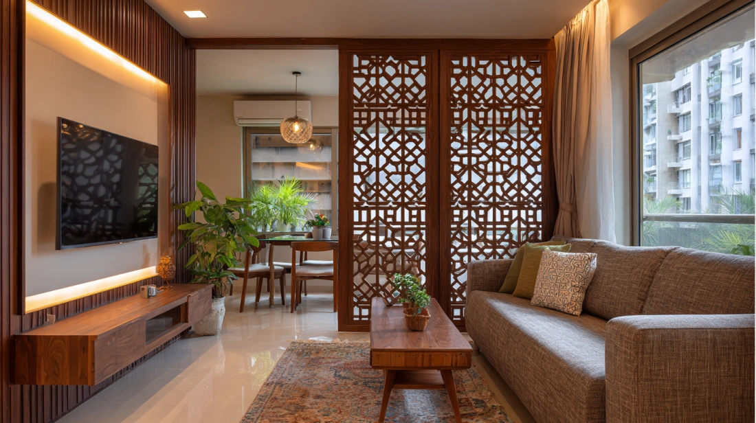 Geometric lattice doors sliding behind brown sofa