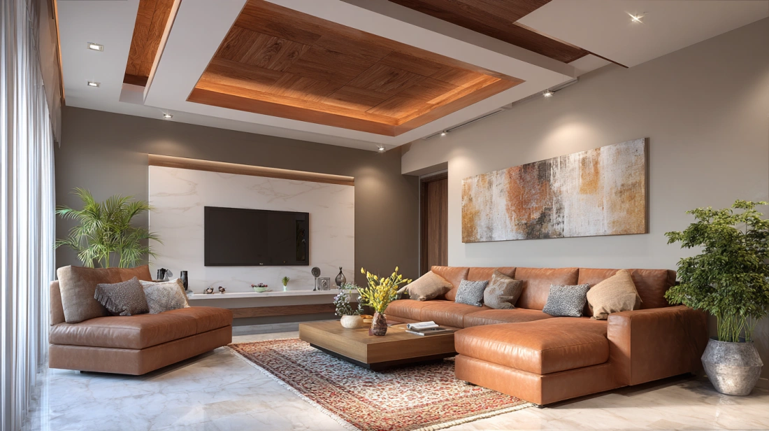 Modern living room with a multi level wood ceiling