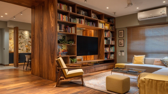 Double-sided plywood partition with TV unit