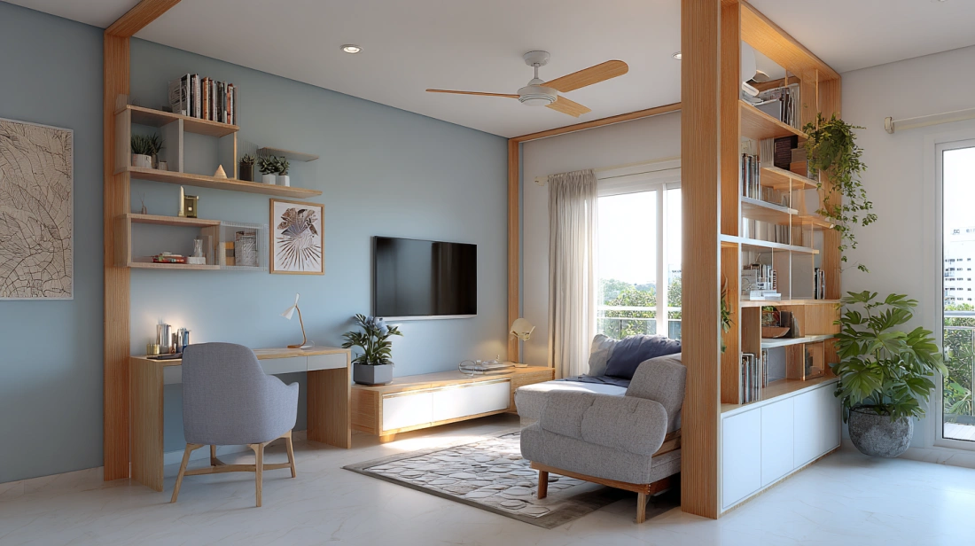 Functional double-sided wood partition dividing work and leisure